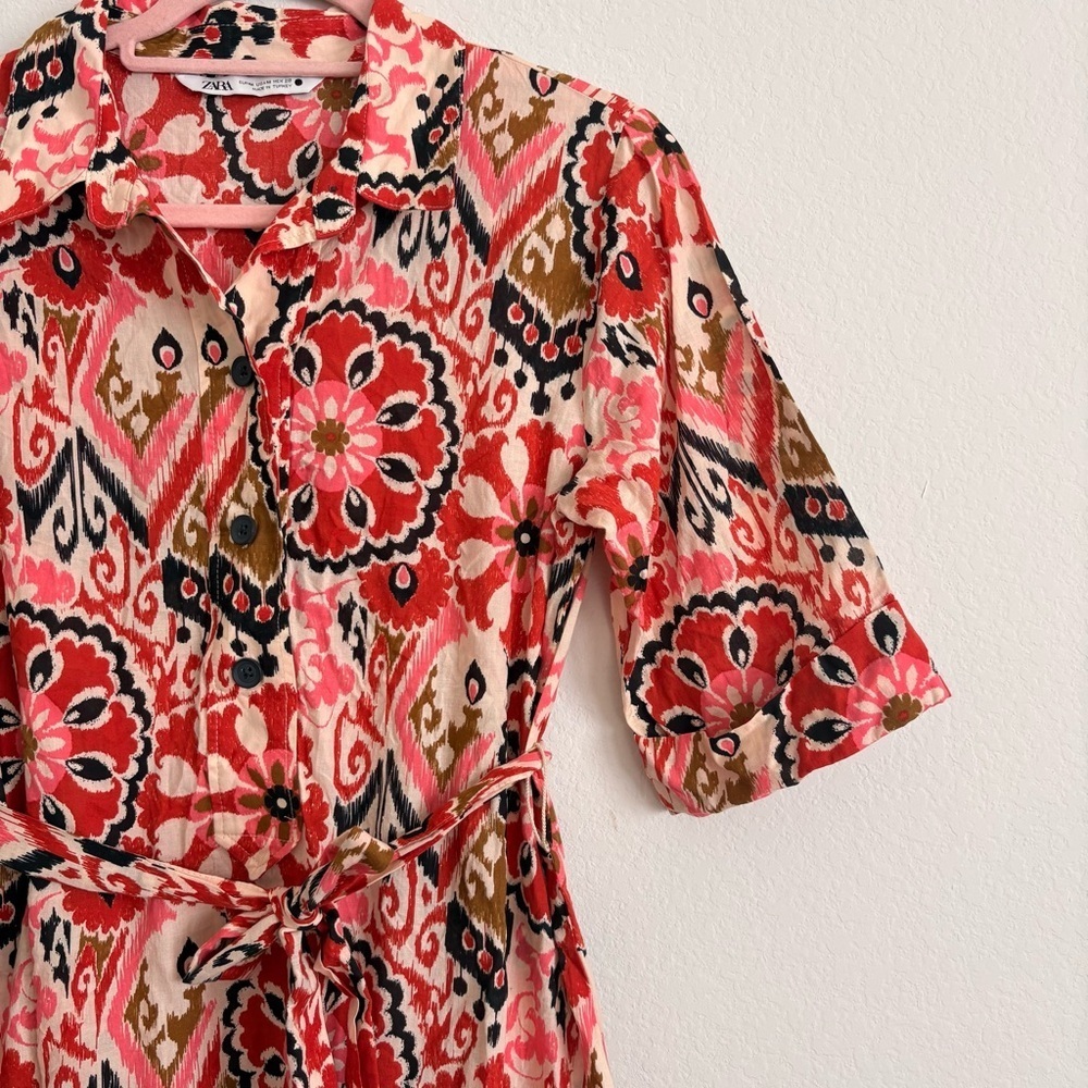 Zara Ikat Print Button-Down Belted Midi Dress- Size M - Picture 6 of 11